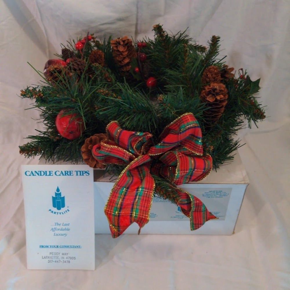 Vtg PartyLite Bountiful Evergreen Ring Christmas Candle Wreath Pinecone Bow 6"